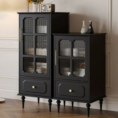 Classic Black Wooden Ribbed Glass Pane Storage Cabinet Image - 2