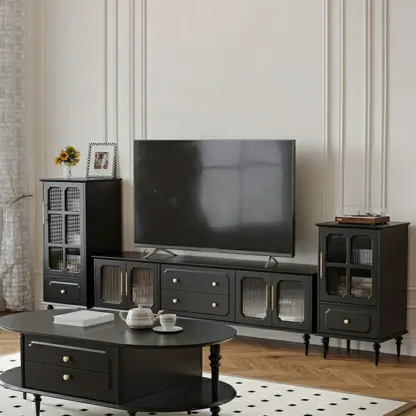 Classic Black Wooden Ribbed Glass Pane Storage Cabinet Image - 3