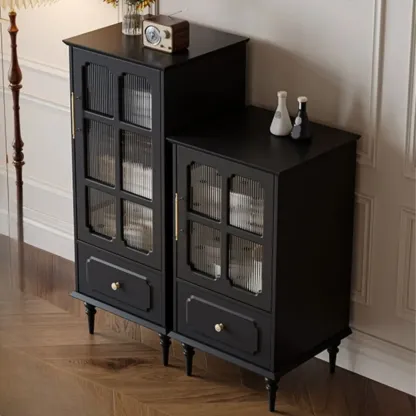 Classic Black Wooden Ribbed Glass Pane Storage Cabinet Image - 4