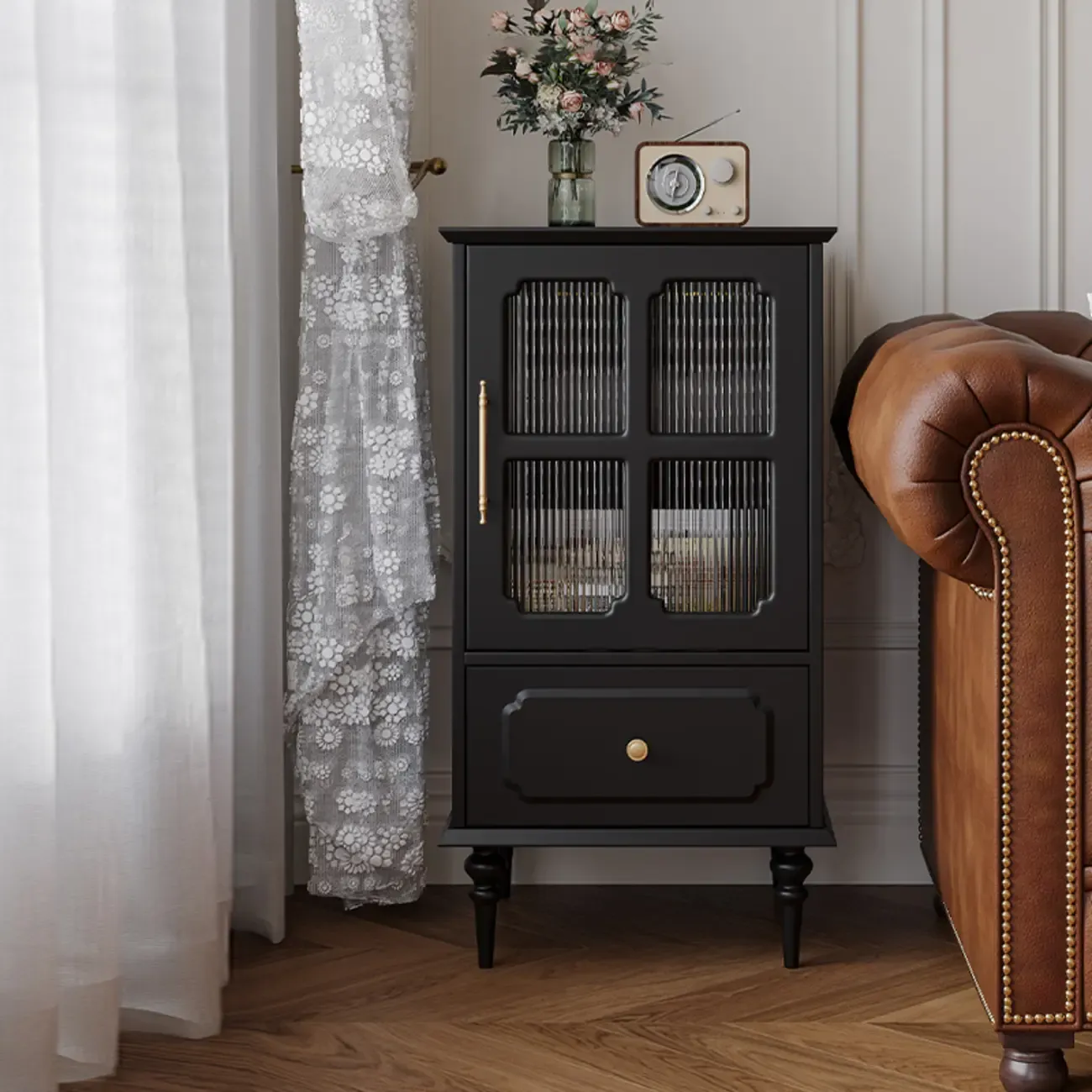 Classic Black Wooden Ribbed Glass Pane Storage Cabinet Image - 5