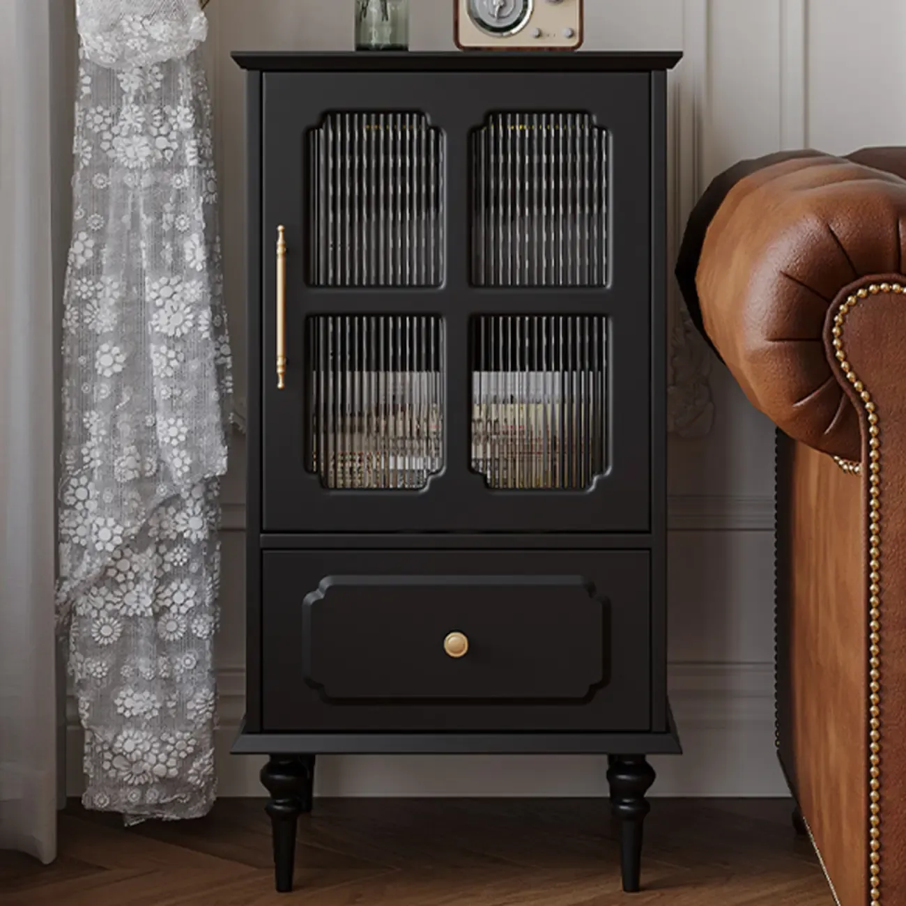 Classic Black Wooden Ribbed Glass Pane Storage Cabinet | HomeyFad