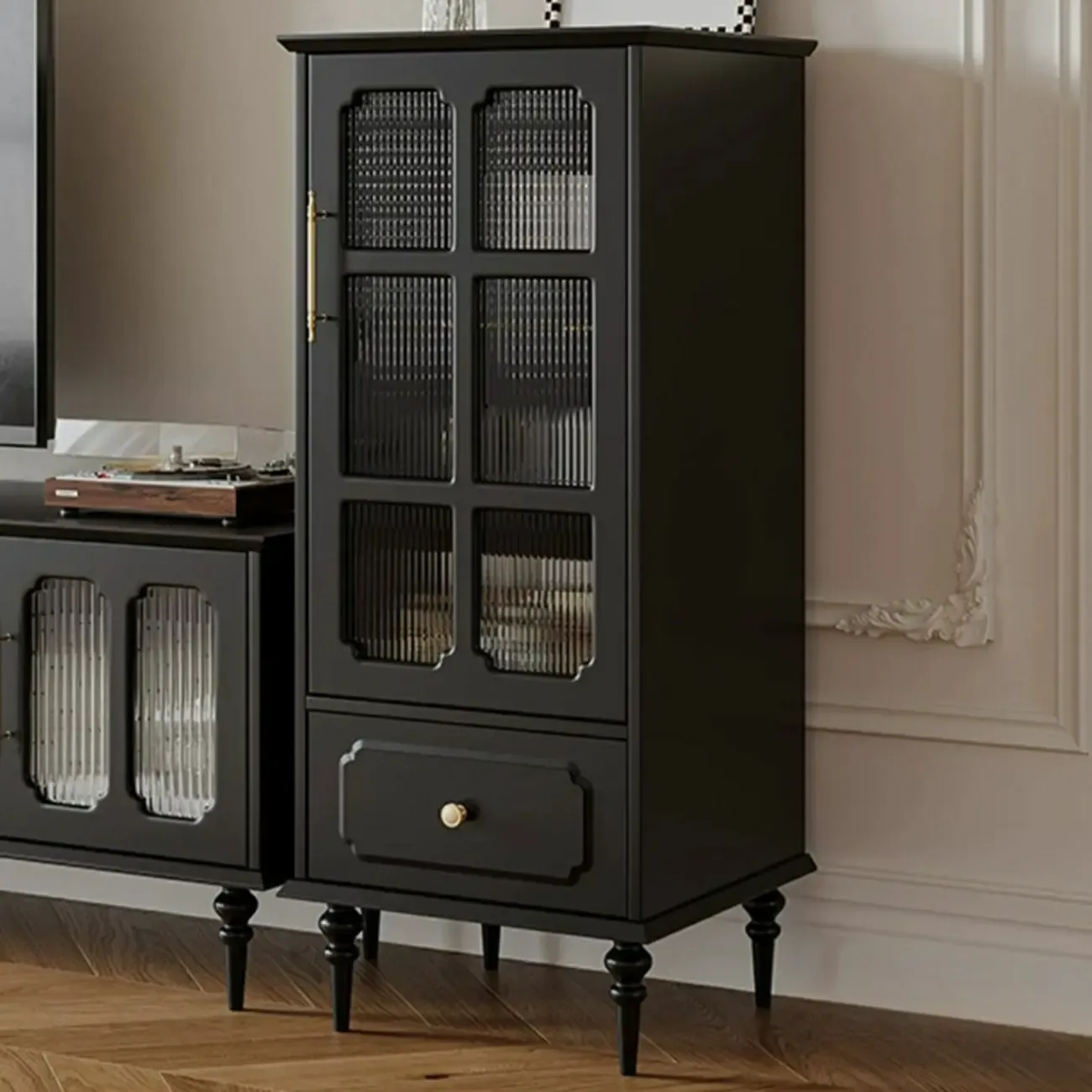 Classic Black Wooden Ribbed Glass Pane Storage Cabinet Image - 7