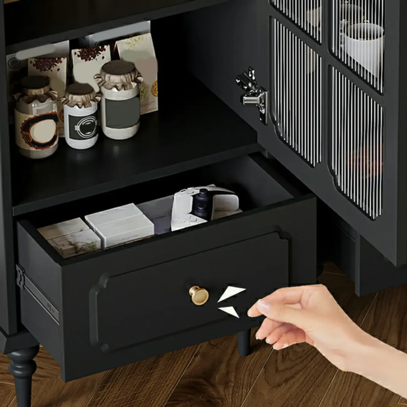 Classic Black Wooden Ribbed Glass Pane Storage Cabinet Image - 8