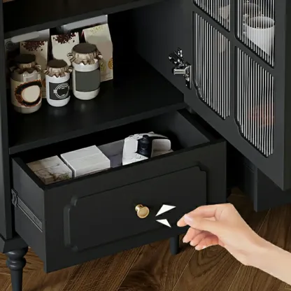 Classic Black Wooden Ribbed Glass Pane Storage Cabinet Image - 8