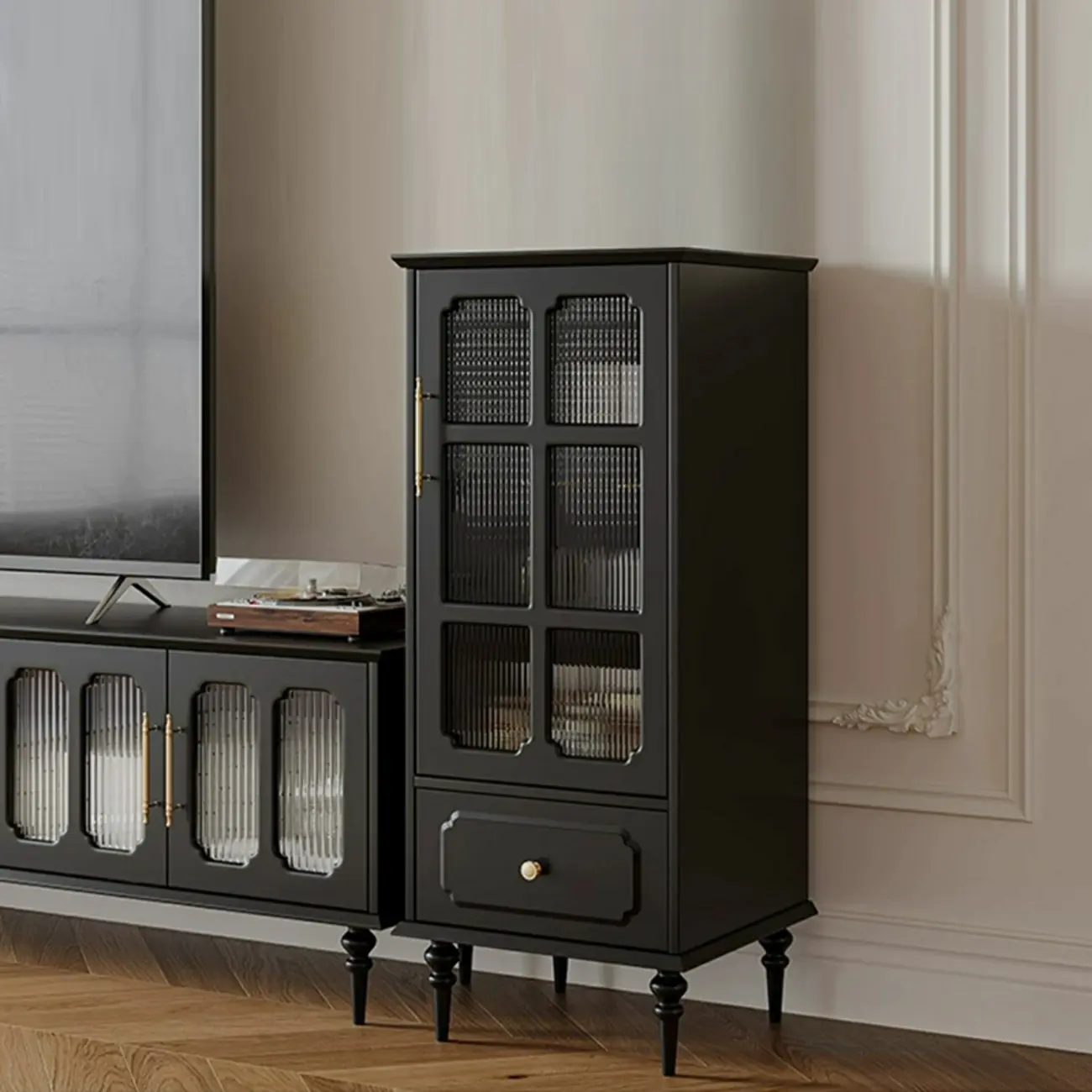 Classic Black Wooden Ribbed Glass Pane Storage Cabinet Image - 12 | homeyfad