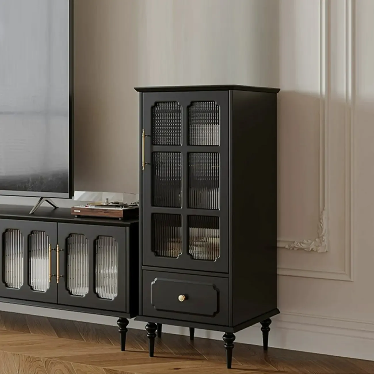 Classic Black Wooden Ribbed Glass Pane Storage Cabinet Image - 12