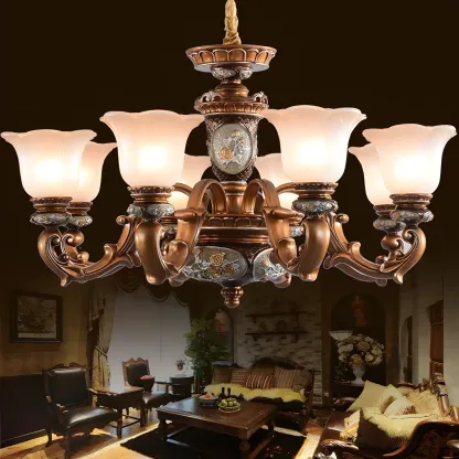 European Vintage Floral Frosted Glass Chandelier