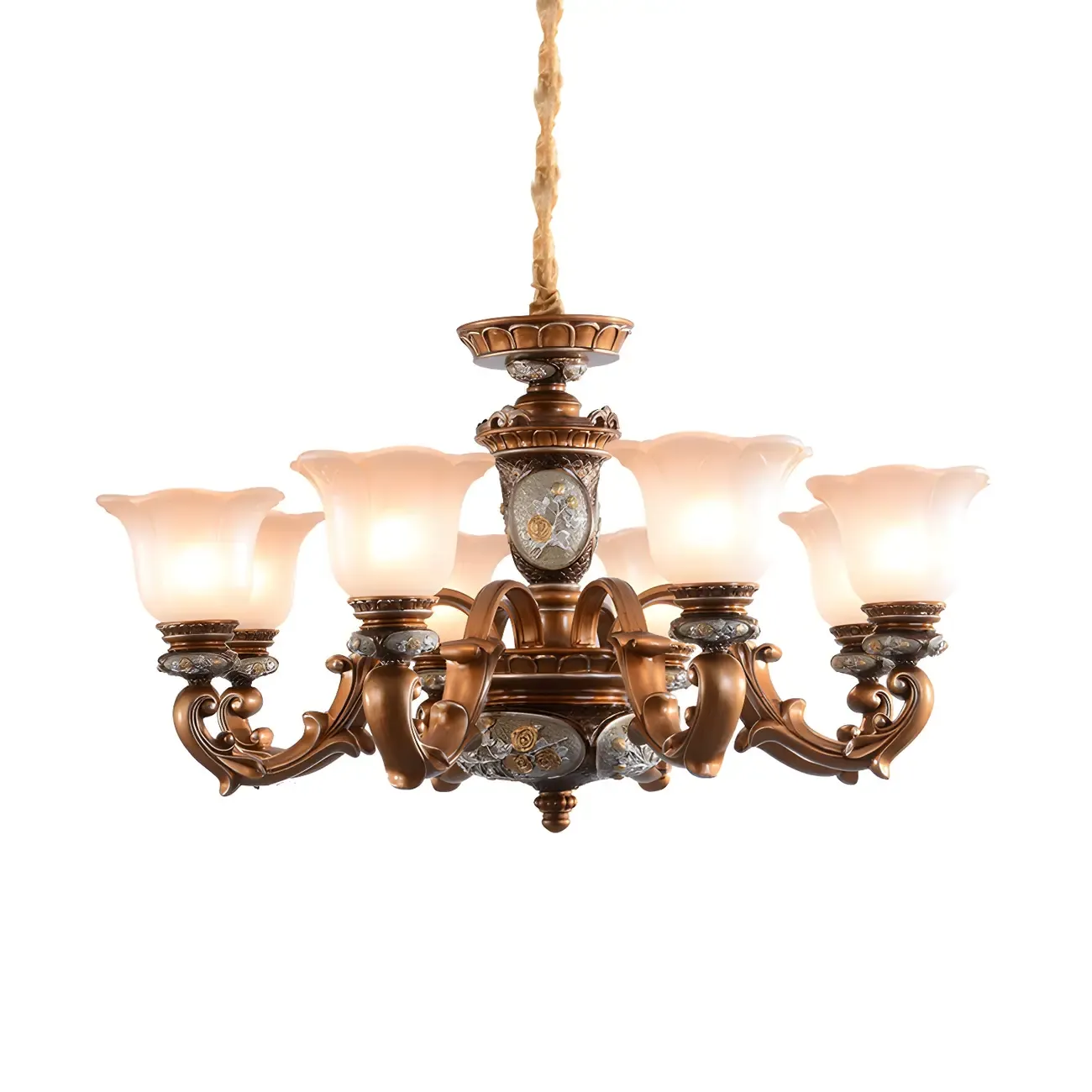 European Vintage Floral Frosted Glass Chandelier Image - 7