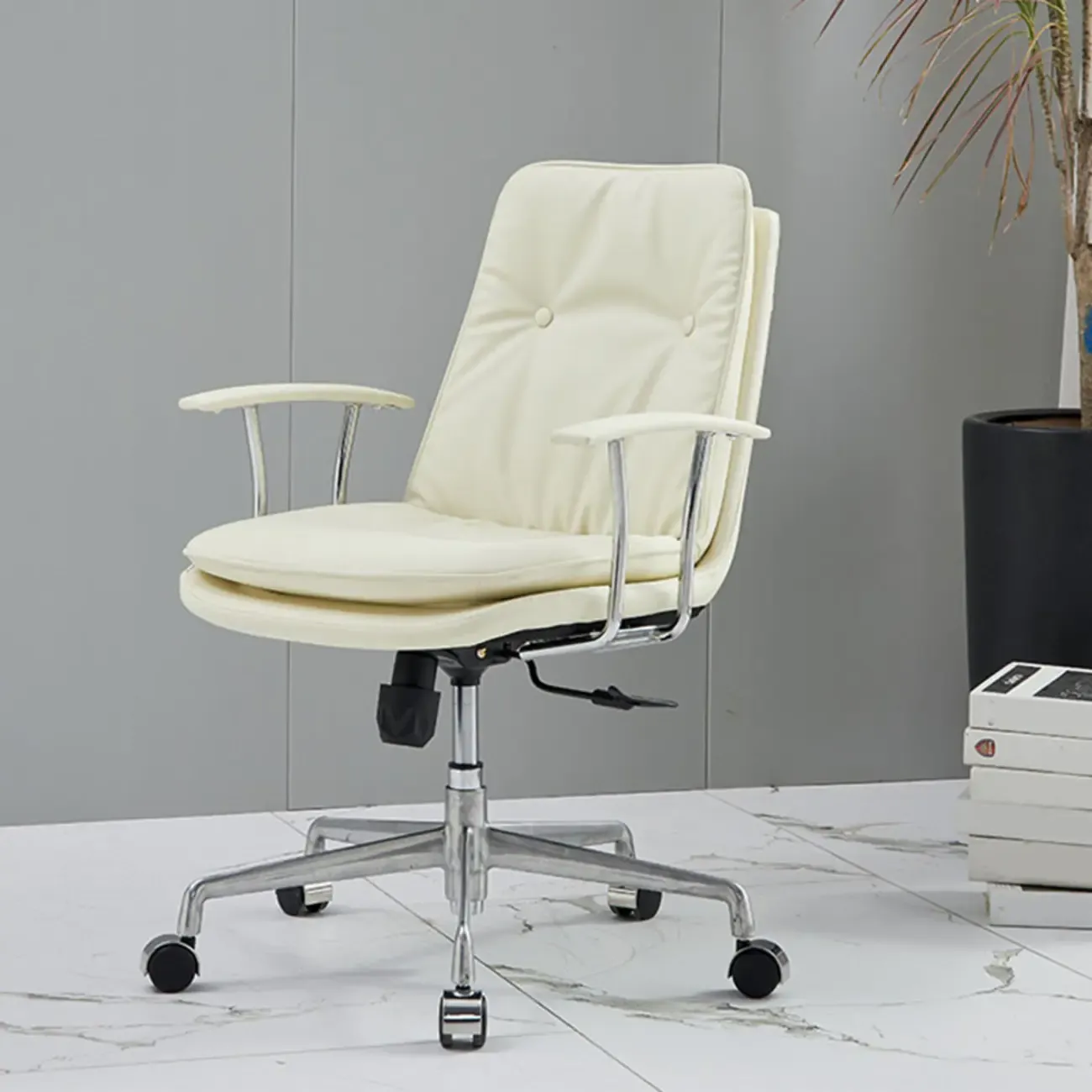 Contemporary White Leather Adjustable Swivel Office Chair Image - 1