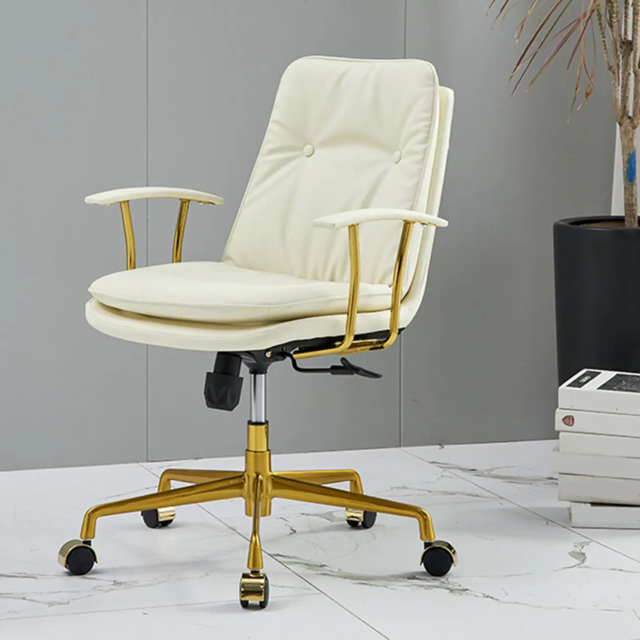 Contemporary White Leather Adjustable Swivel Office Chair Image - 4 | homeyfad