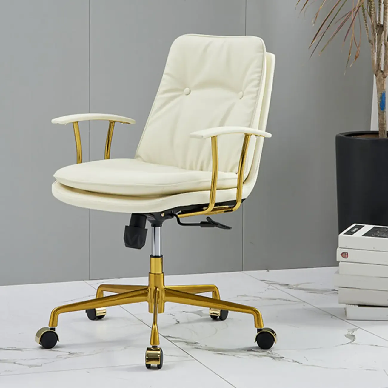 Contemporary White Leather Adjustable Swivel Office Chair Image - 4