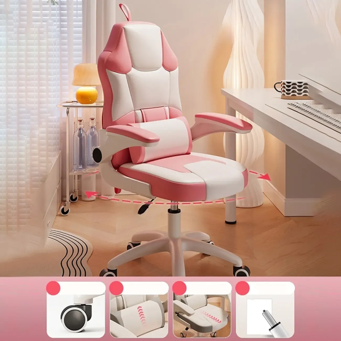 Modern Grey White Leather Adjustable Swivel Office Chair Image - 5