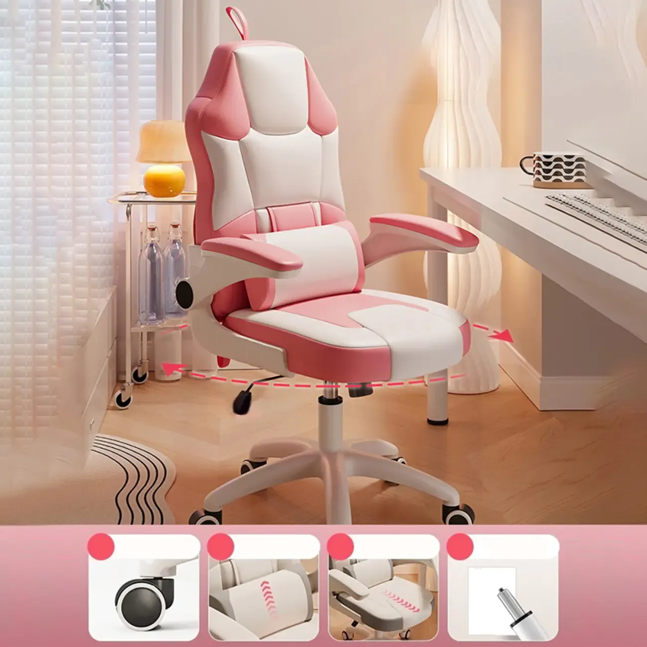 Modern Grey White Leather Adjustable Swivel Office Chair Image - 9