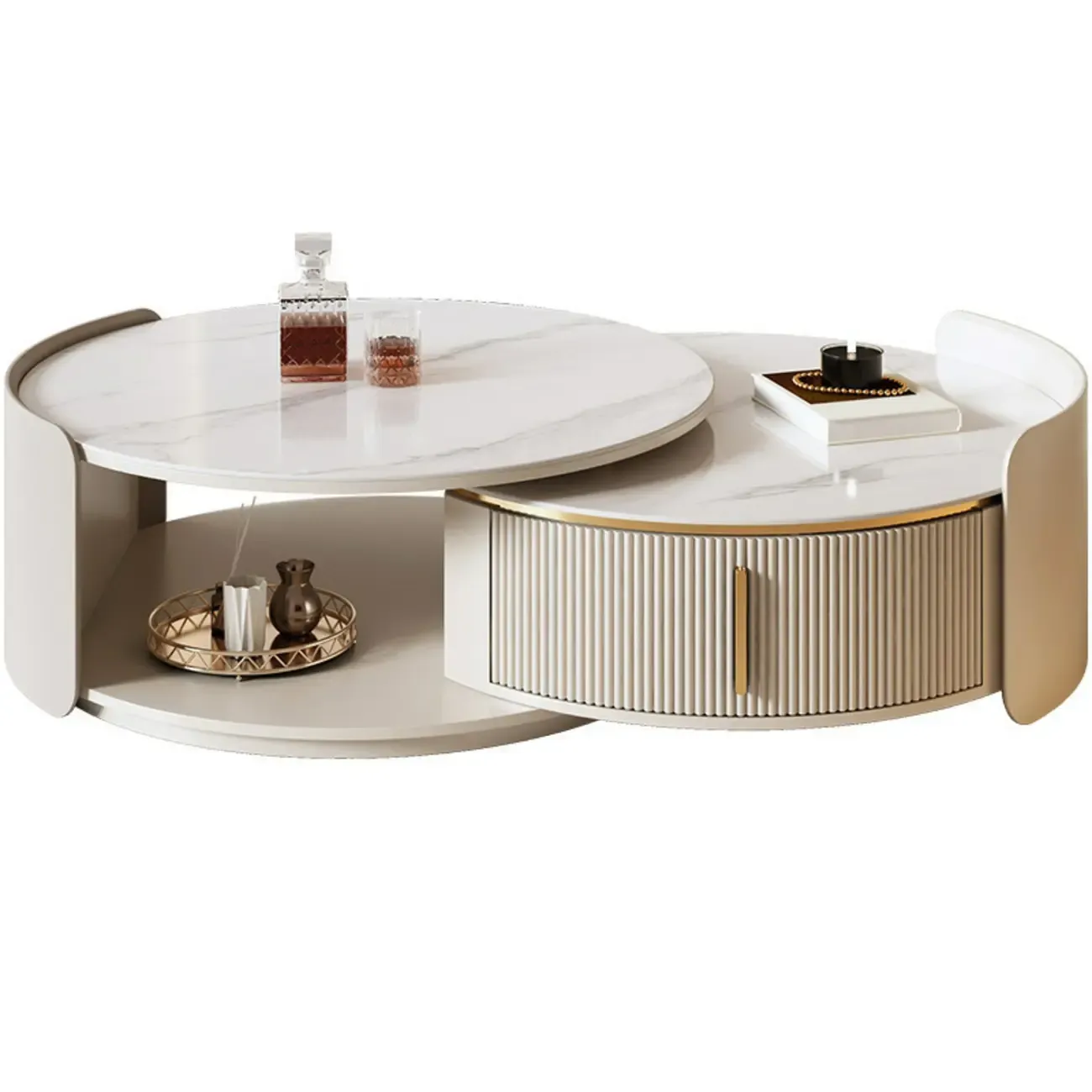 2 Drawers Beige Stone Round Coffee Table Image - 5