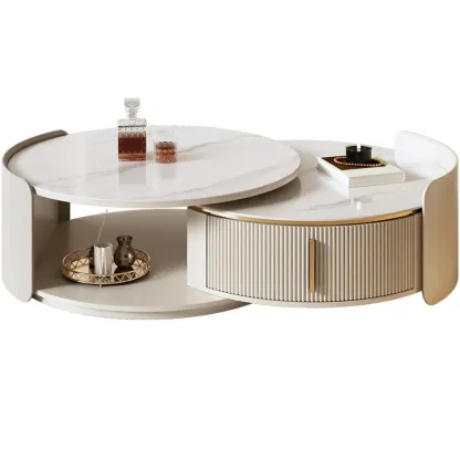 2 Drawers Beige Stone Round Coffee Table Image - 5
