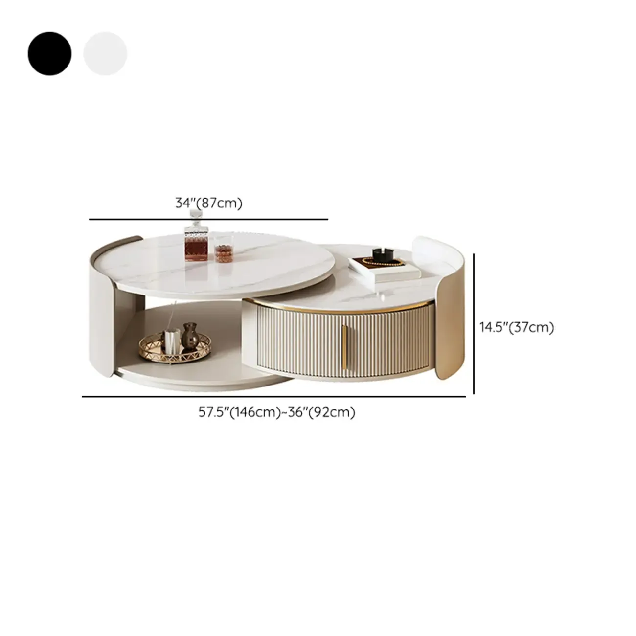 2 Drawers Beige Stone Round Coffee Table #size