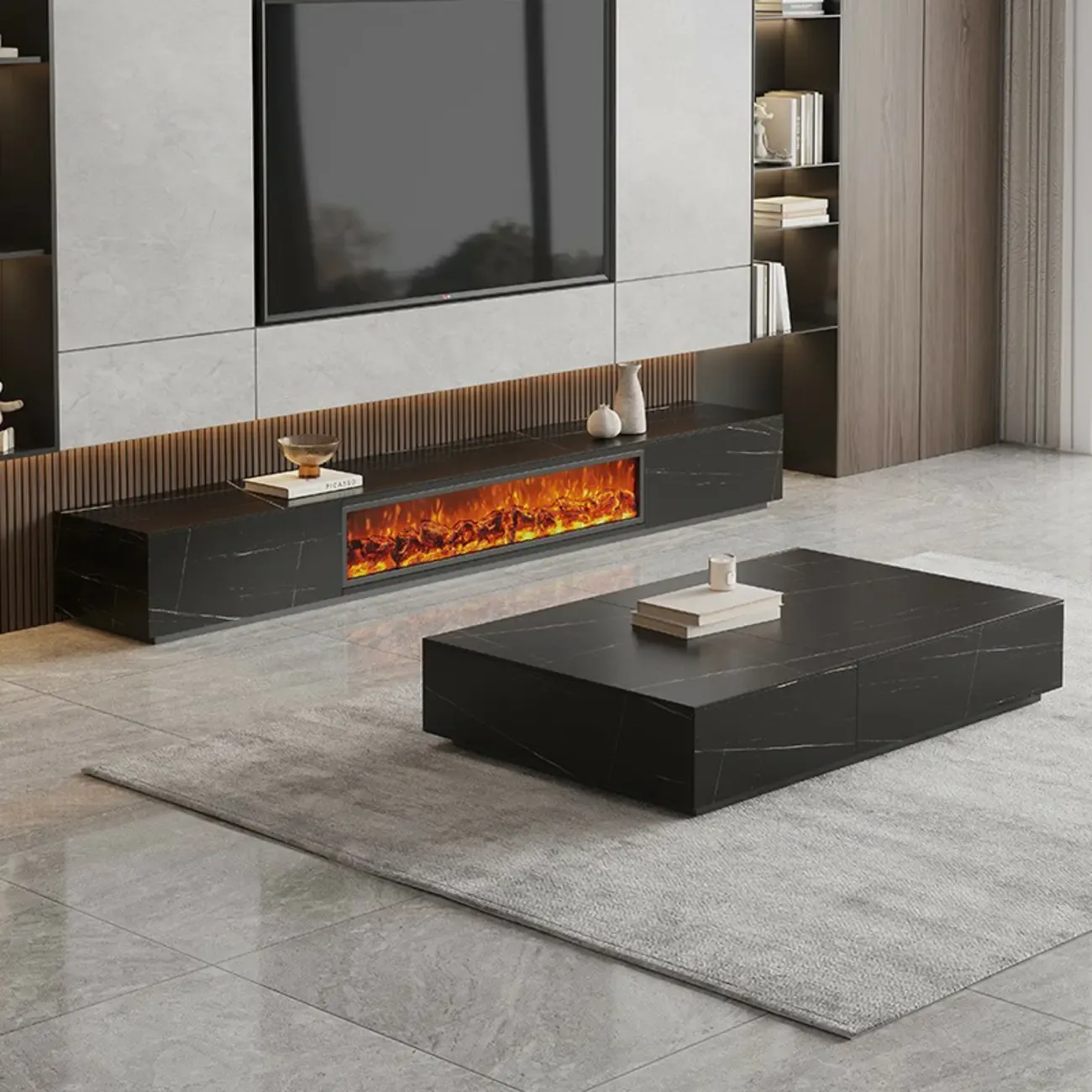 Elegant Stone TV Stand with Fireplace for Living Room Image - 4
