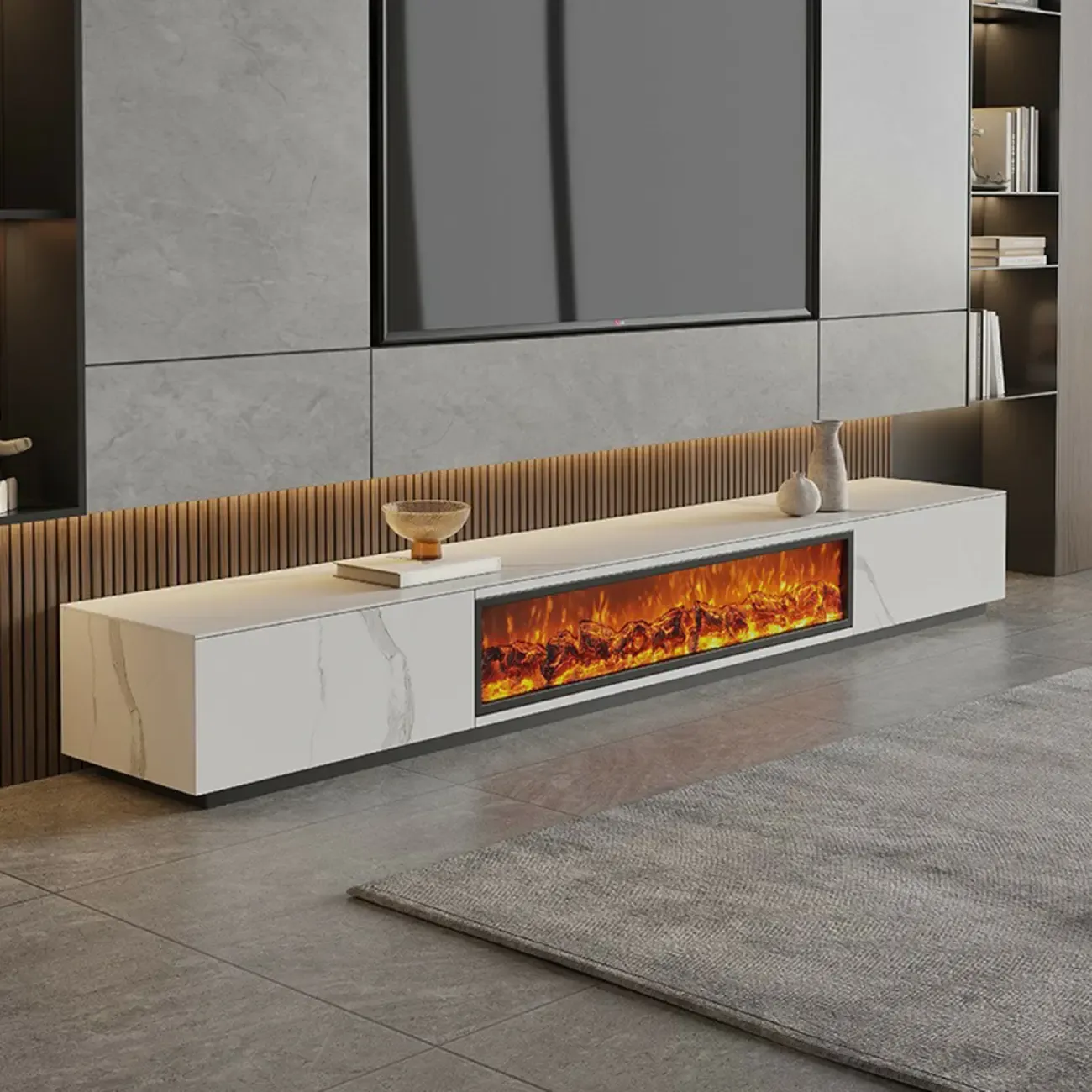 Elegant Stone TV Stand with Fireplace for Living Room Image - 5