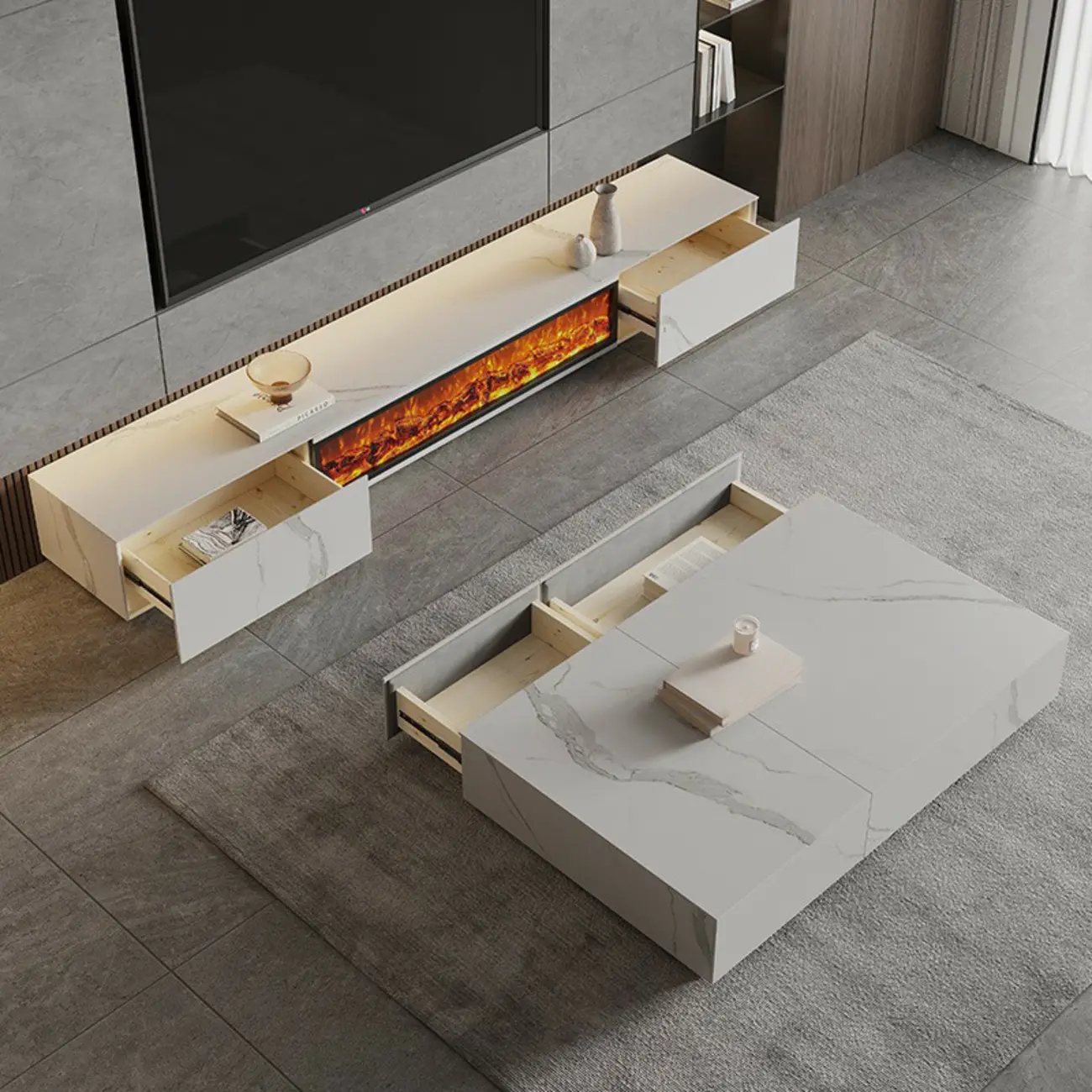 Elegant Stone TV Stand with Fireplace for Living Room Image - 6 | homeyfad