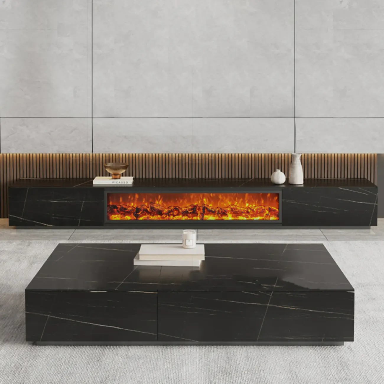 Elegant Stone TV Stand with Fireplace for Living Room Image - 1 | homeyfad