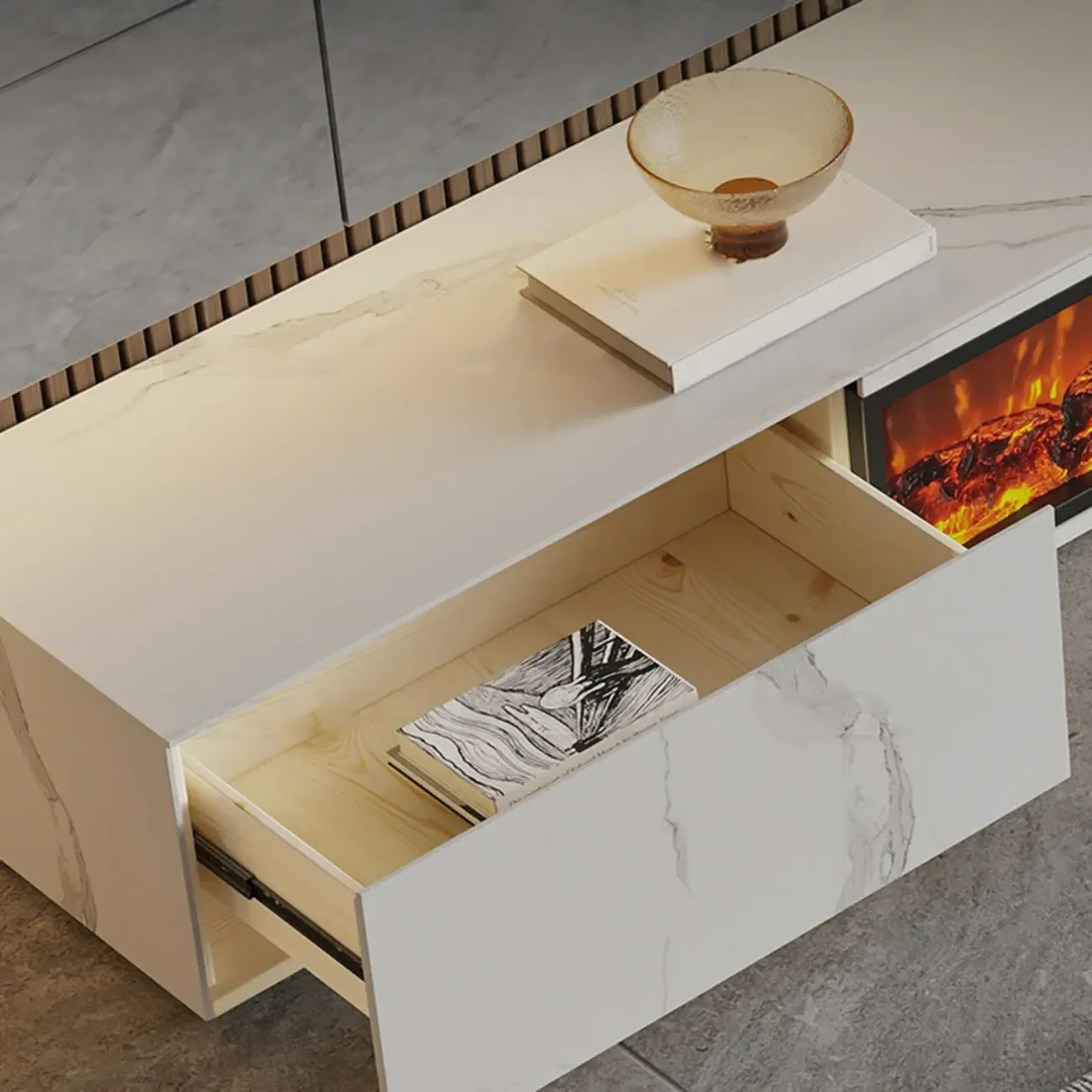 Elegant Stone TV Stand with Fireplace for Living Room Image - 10