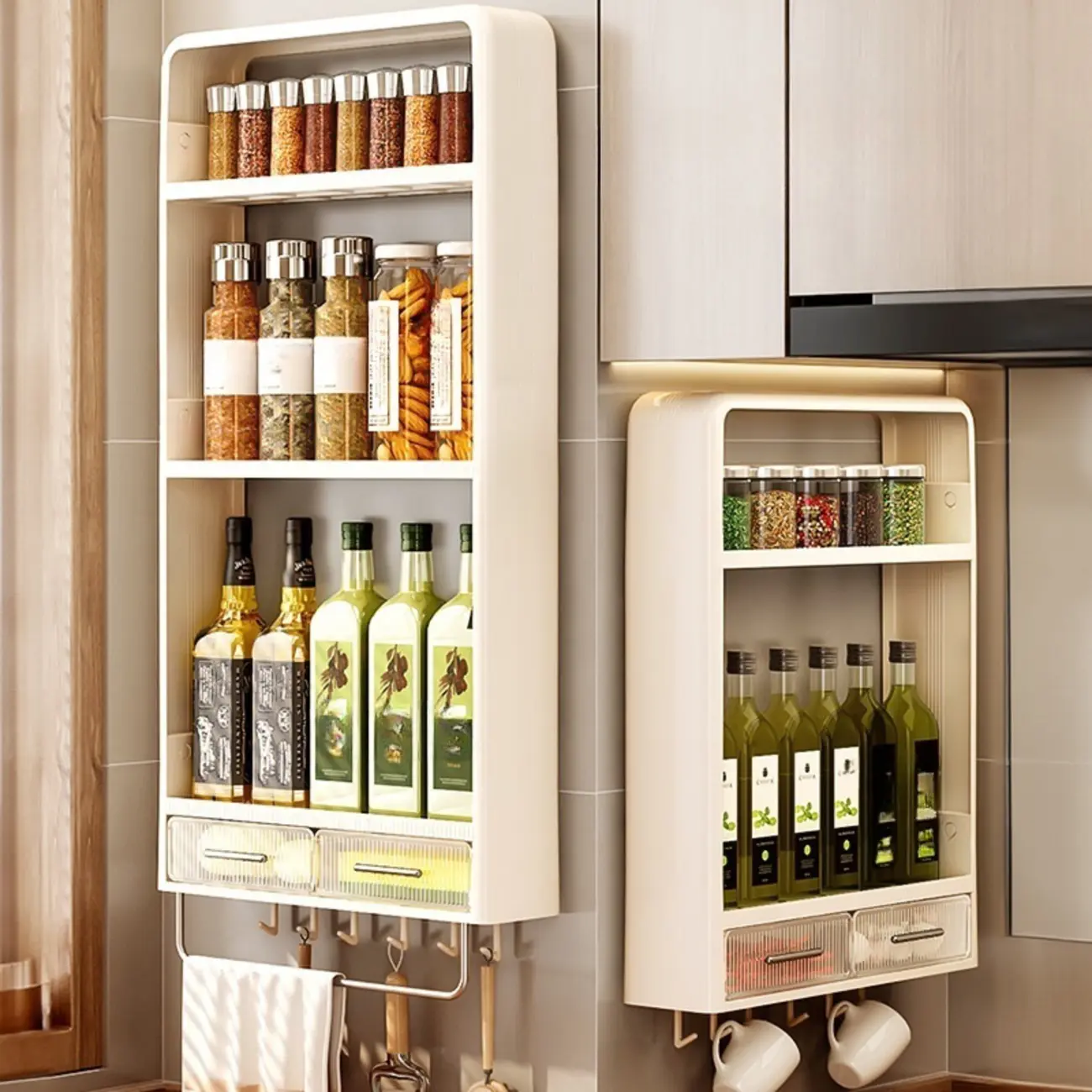 Simplistic Ivory Rectangle Wall Hung Storage Shelf 3 Tiers/2 Tiers with Drawer & Hooks Image - 1 | homeyfad