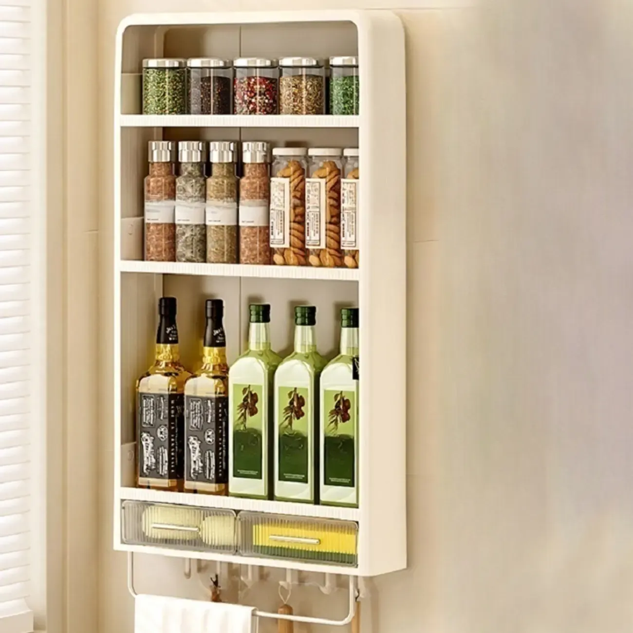 Simplistic Ivory Rectangle Wall Hung Storage Shelf 3 Tiers/2 Tiers with Drawer & Hooks Image - 5