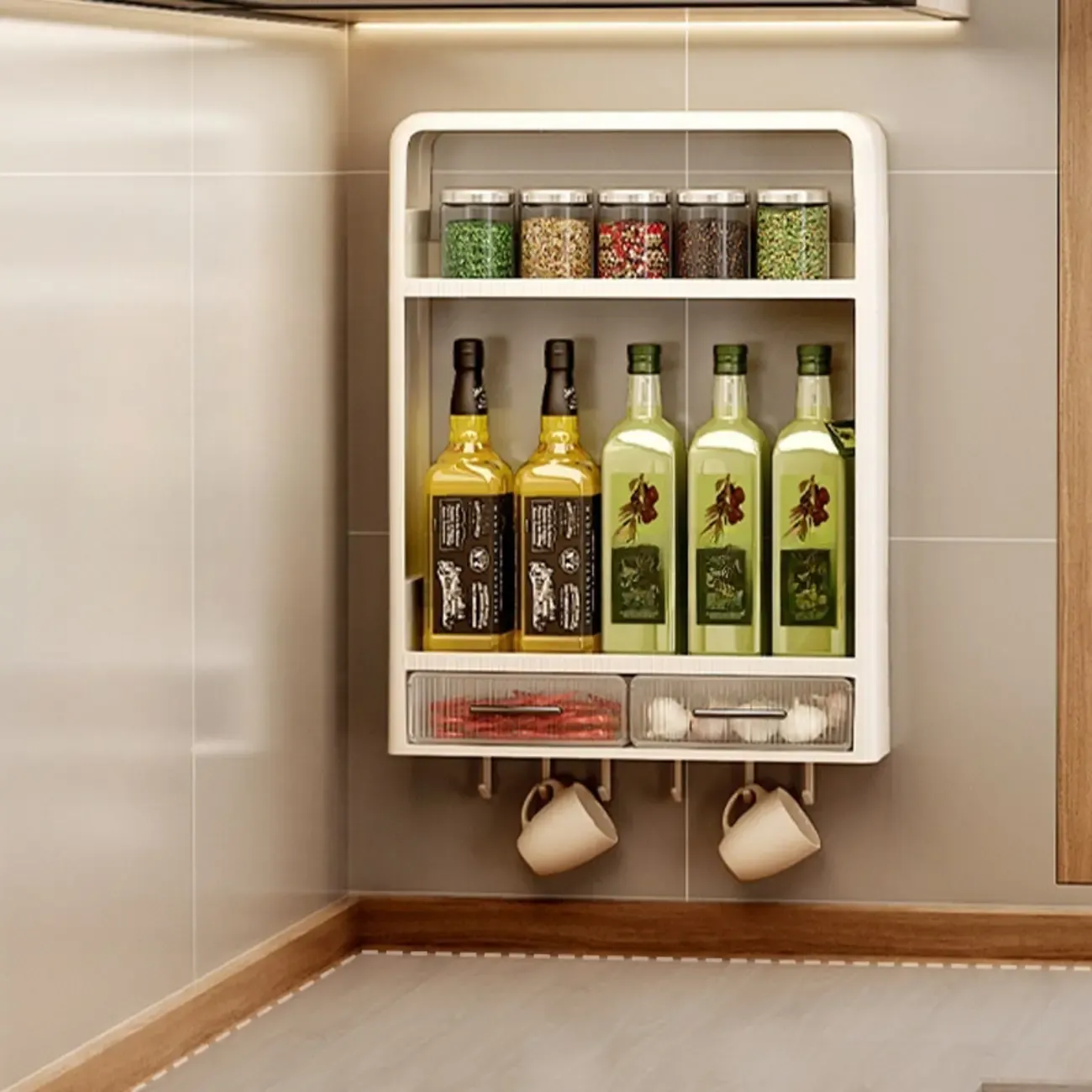 Simplistic Ivory Rectangle Wall Hung Storage Shelf 3 Tiers/2 Tiers with Drawer & Hooks Image - 6