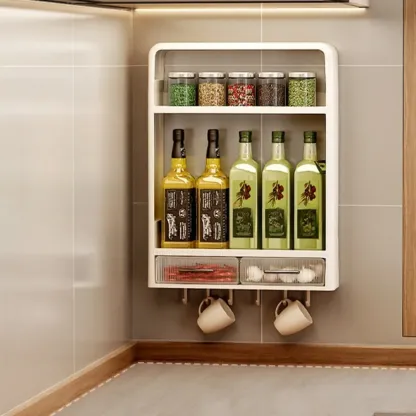 Simplistic Ivory Rectangle Wall Hung Storage Shelf 3 Tiers/2 Tiers with Drawer & Hooks Image - 6