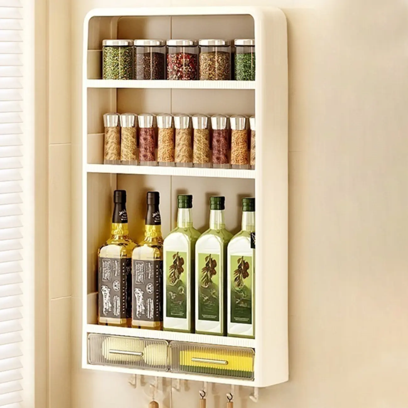 Simplistic Ivory Rectangle Wall Hung Storage Shelf 3 Tiers/2 Tiers with Drawer & Hooks Image - 8 | homeyfad