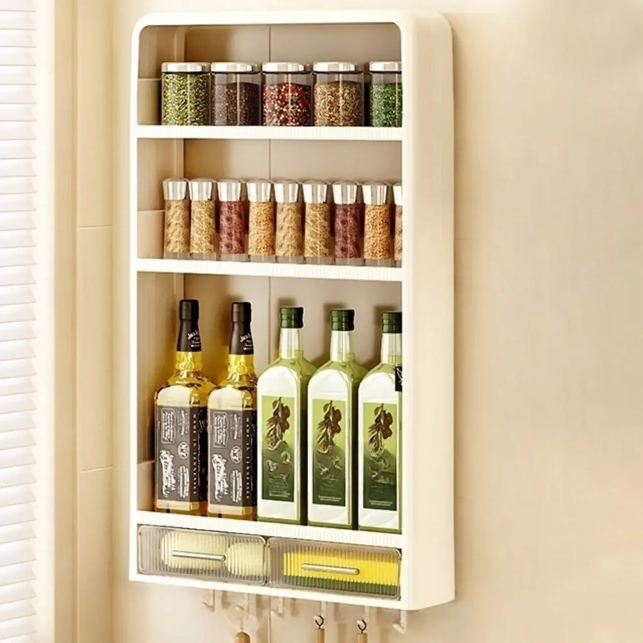 Simplistic Ivory Rectangle Wall Hung Storage Shelf 3 Tiers/2 Tiers with Drawer & Hooks Image - 8