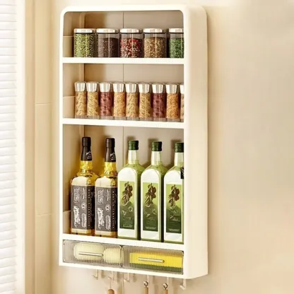 Simplistic Ivory Rectangle Wall Hung Storage Shelf 3 Tiers/2 Tiers with Drawer & Hooks Image - 8