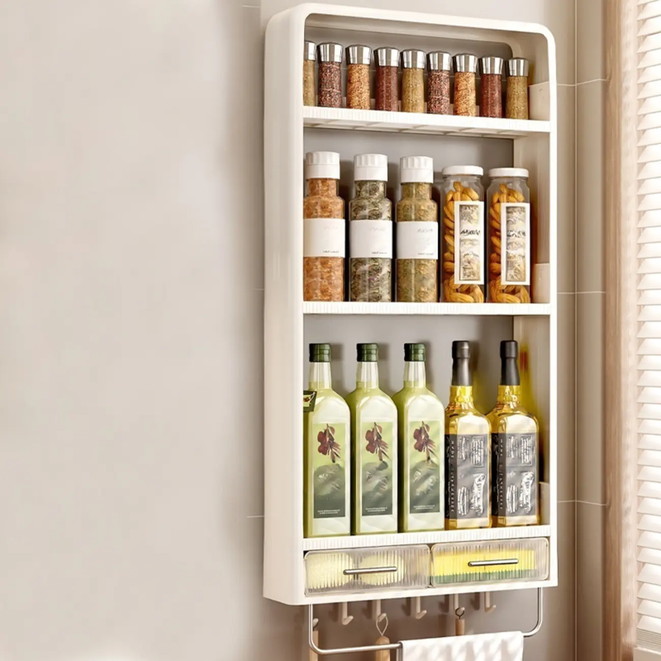 Simplistic Ivory Rectangle Wall Hung Storage Shelf 3 Tiers/2 Tiers with Drawer & Hooks Image - 9 | homeyfad