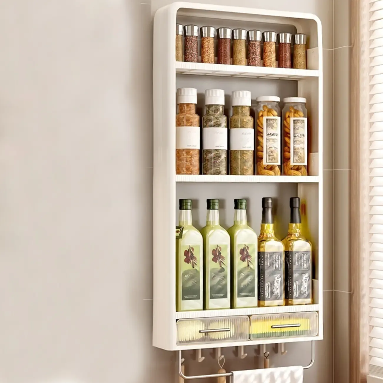 Simplistic Ivory Rectangle Wall Hung Storage Shelf 3 Tiers/2 Tiers with Drawer & Hooks Image - 9