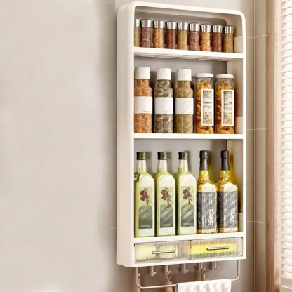 Simplistic Ivory Rectangle Wall Hung Storage Shelf 3 Tiers/2 Tiers with Drawer & Hooks Image - 9