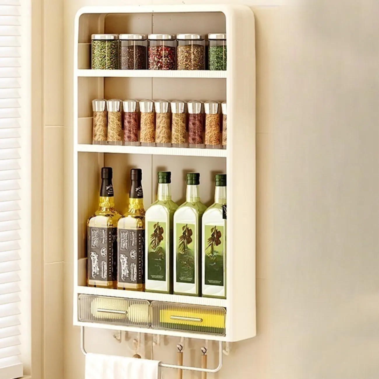 Simplistic Ivory Rectangle Wall Hung Storage Shelf 3 Tiers/2 Tiers with Drawer & Hooks Image - 3 | homeyfad