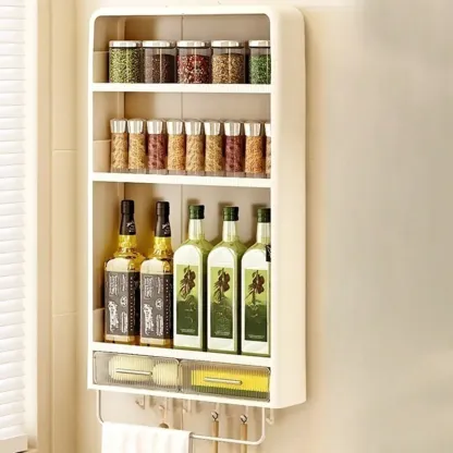 Simplistic Ivory Rectangle Wall Hung Storage Shelf 3 Tiers/2 Tiers with Drawer & Hooks Image - 3