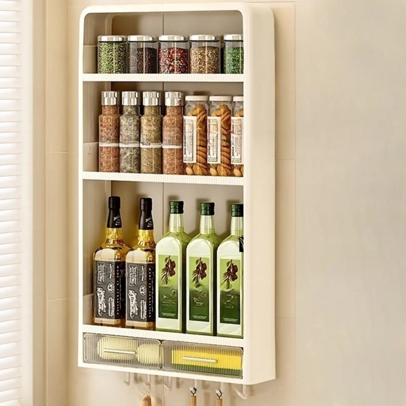 Simplistic Ivory Rectangle Wall Hung Storage Shelf 3 Tiers/2 Tiers with Drawer & Hooks Image - 2 | homeyfad