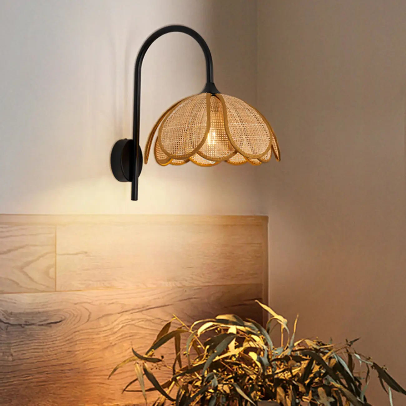 Modern Geometric Black Metal Wall Light with Rattan Shade Image - 1 | homeyfad