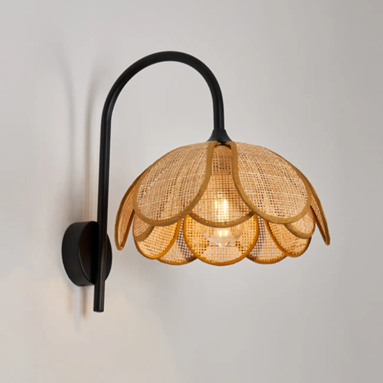 Modern Geometric Black Metal Wall Light with Rattan Shade Image - 2 | homeyfad