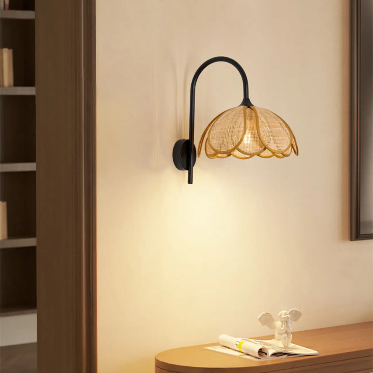 Modern Geometric Black Metal Wall Light with Rattan Shade Image - 4 | homeyfad