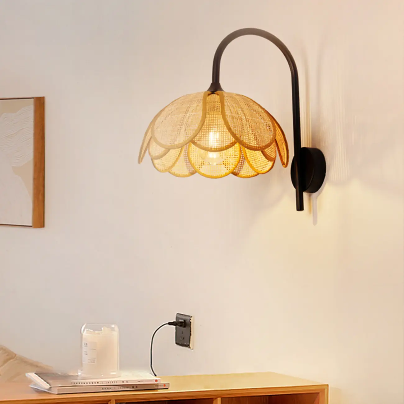 Modern Geometric Black Metal Wall Light with Rattan Shade Image - 5 | homeyfad