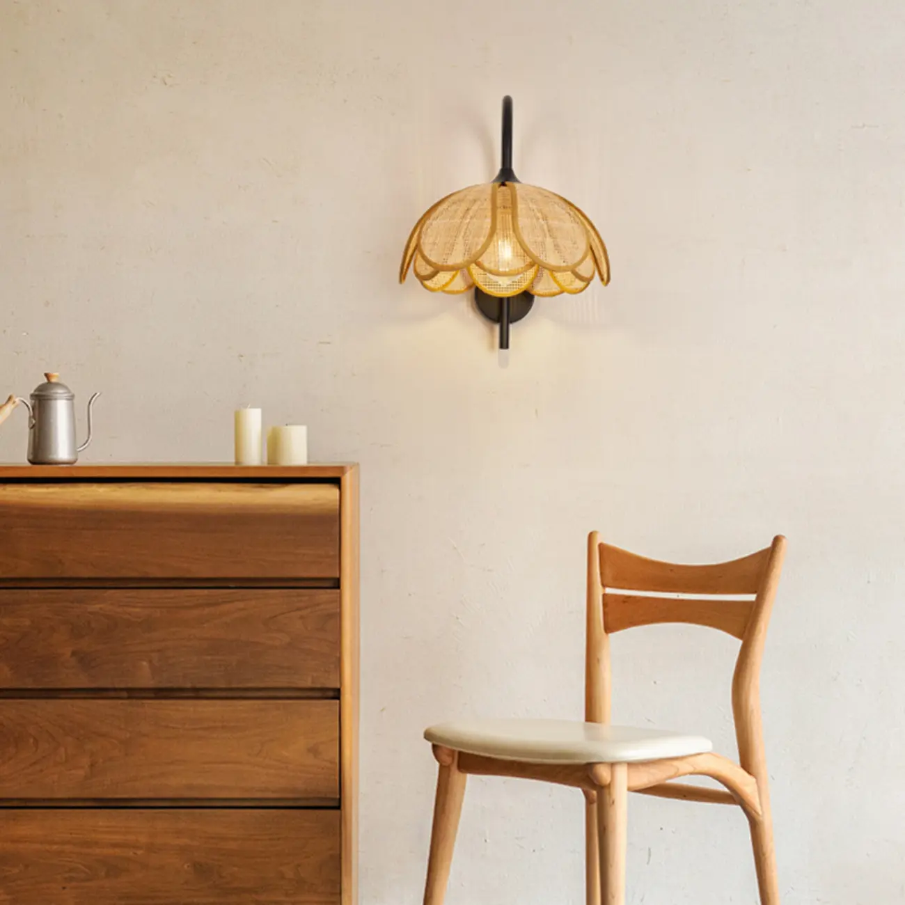 Modern Geometric Black Metal Wall Light with Rattan Shade Image - 6 | homeyfad