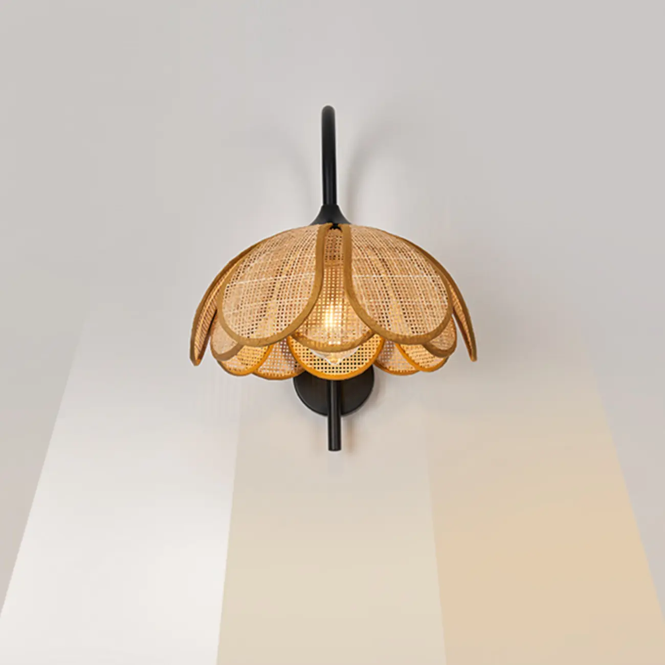 Modern Geometric Black Metal Wall Light with Rattan Shade Image - 3 | homeyfad