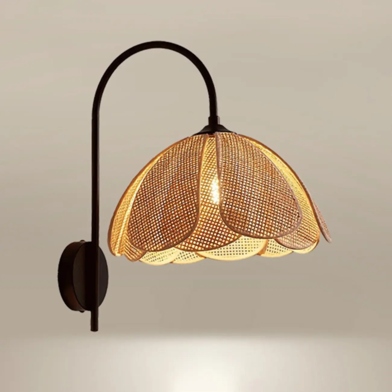 Modern Geometric Black Metal Wall Light with Rattan Shade Image - 8 | homeyfad