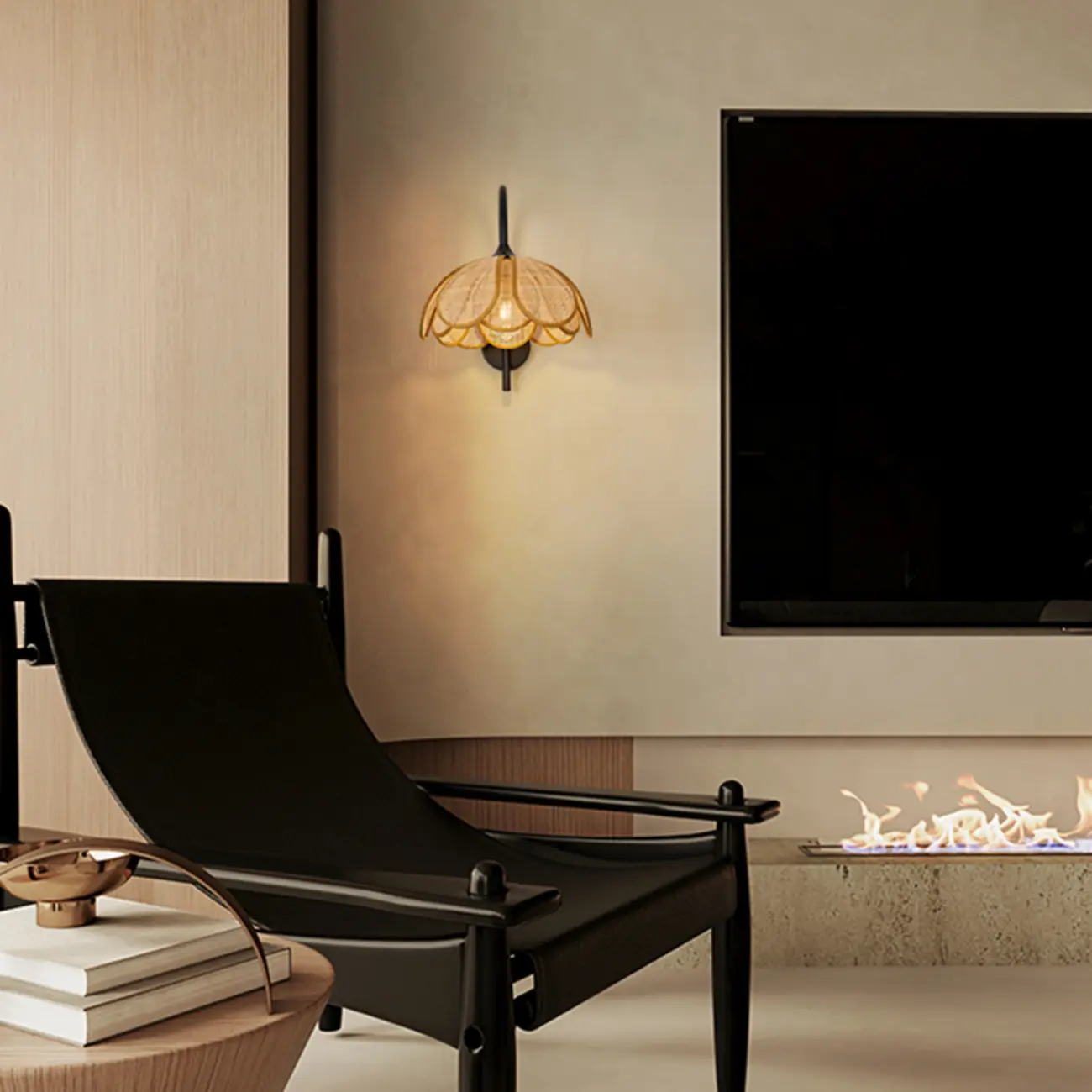 Modern Geometric Black Metal Wall Light with Rattan Shade Image - 13 | homeyfad