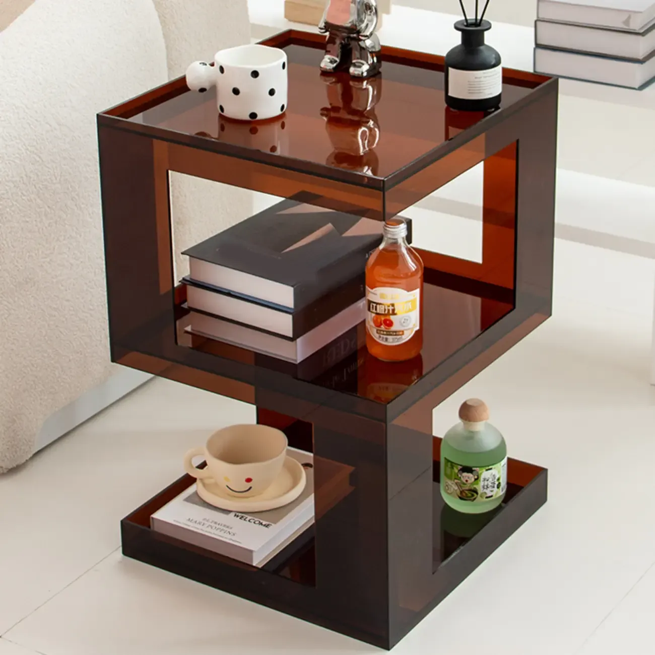 Glam Acrylic Square End Table with Open Storage for Living Room Image - 1
