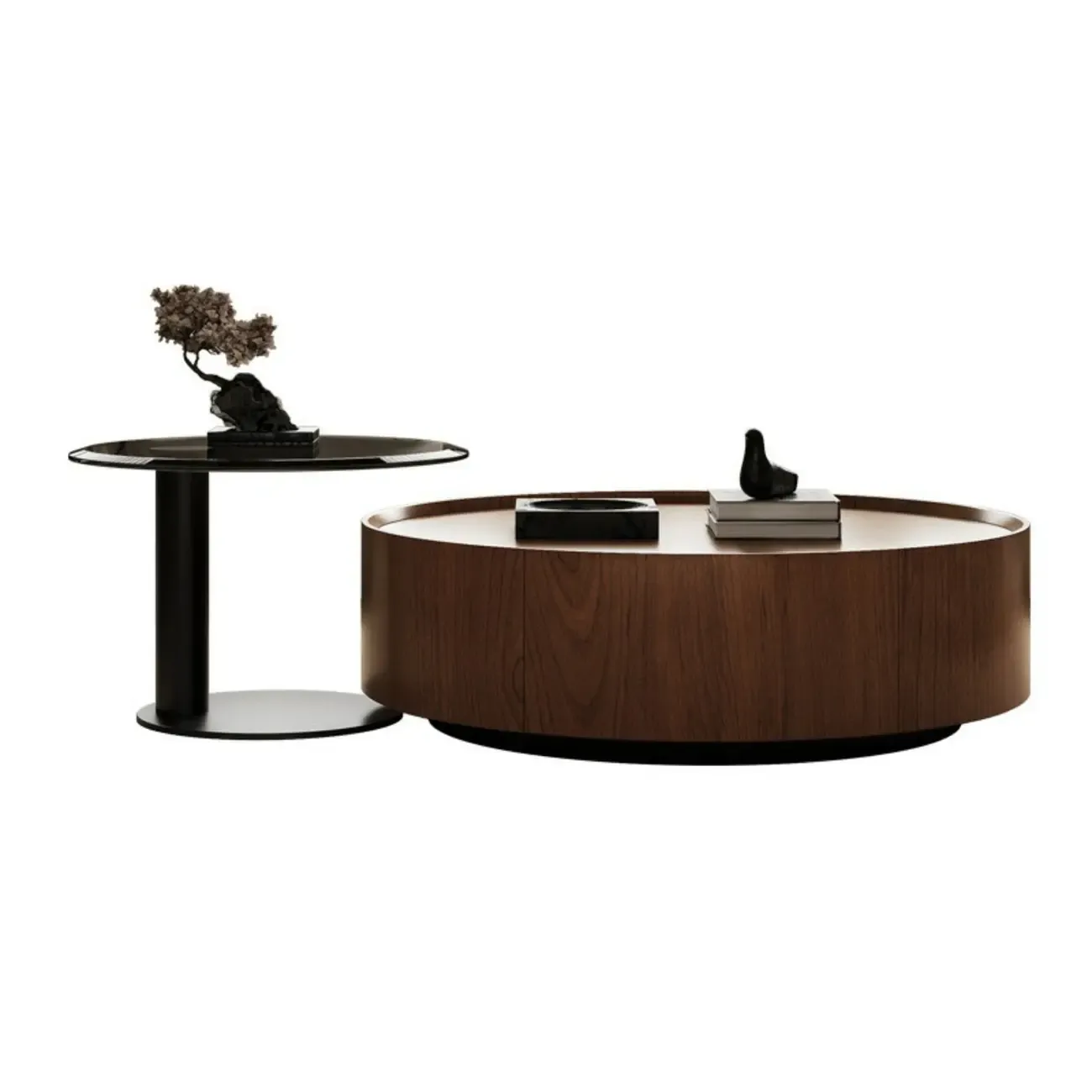 Modern Two-Part Glass Wood Round Coffee Table Image - 8