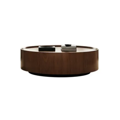 Modern Two-Part Glass Wood Round Coffee Table Image - 9