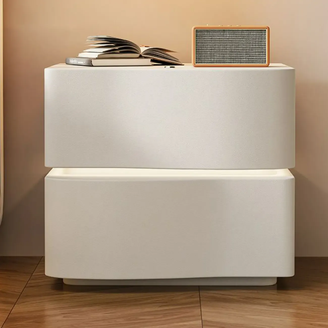 Modern White Waved Wood 3-Drawer Nightstand Image - 3